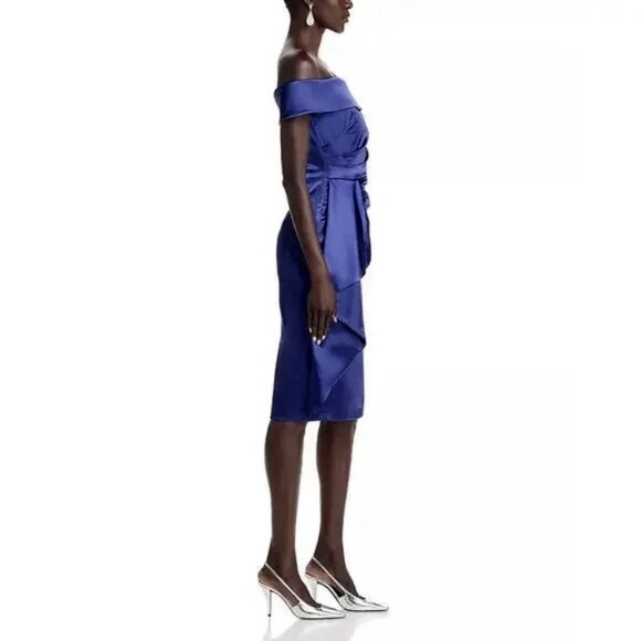 Eliza J Blue Off-The Shoulder Draped Sheath Satin Cocktail Dress - Picture 2 of 3